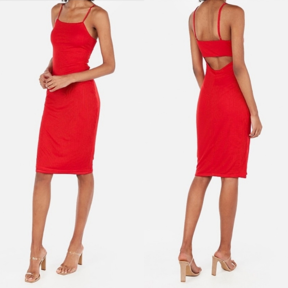 Express Ribbed Red Midi Dress Cut-out back Dress